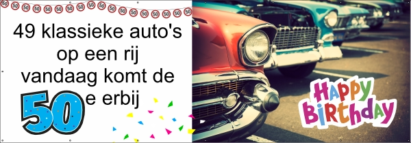 49 klassieke autos op een rij 50 jaar spandoek