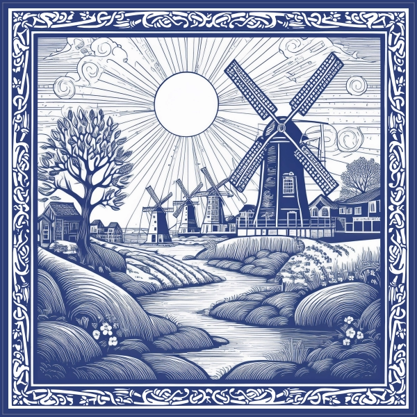 Delfts blauw tegeltje - Windmolens