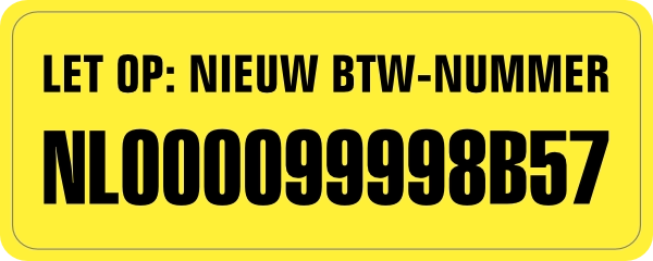 Sticker nieuw BTW nummer Geel
