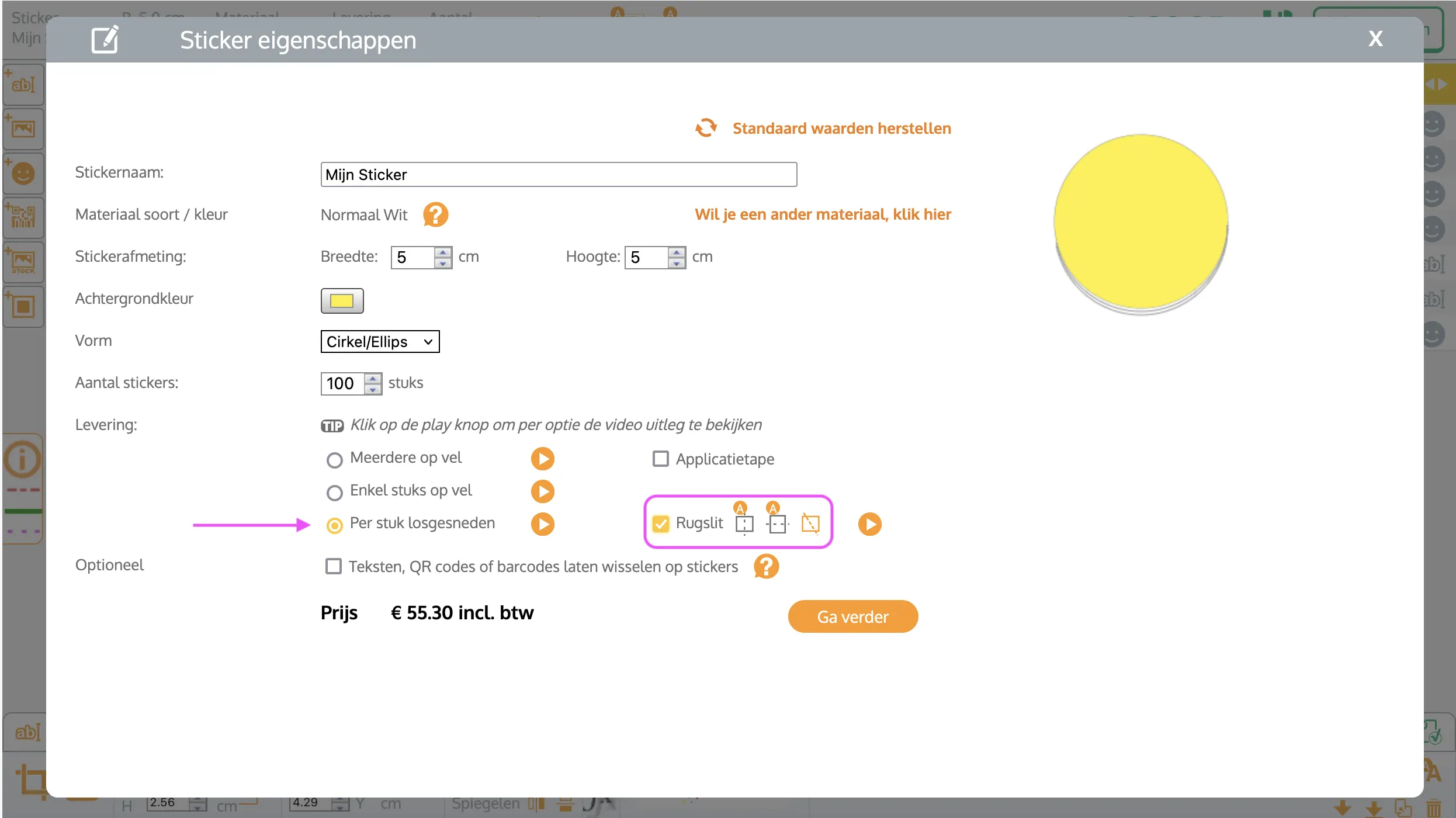 Rugslit instellen stickereigenschappen